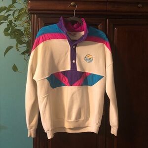 Vintage Colorblock Pullover Sweater - White with Pink, Purple & Teal Accents